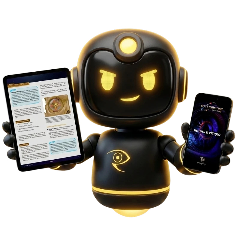 Mascote OFT-Review com tablet exibindo apostila e smartphone com app Extensive